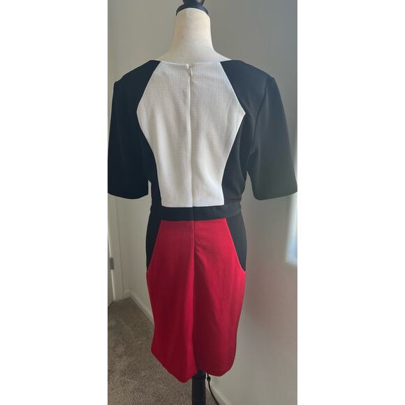 R&K Red Black and White Stretch Midi Sleeve Sheath Career Formal Dress Size 18 - Picture 5 of 11